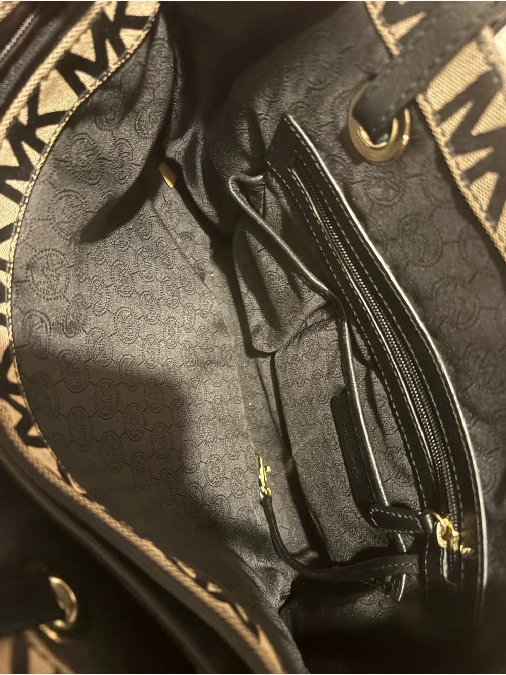 Michael Kors Tan and Black MK Logo Tote with Black Handles